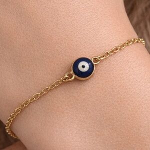Gold Tone Blue Evil Eye Nazar Charm Chain Bracelet